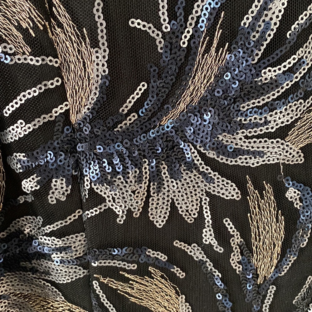 Carmen Marc Valvo Black Sequin Sheath Dress with Blue and Silver Floral Motif - Picture 3 of 4